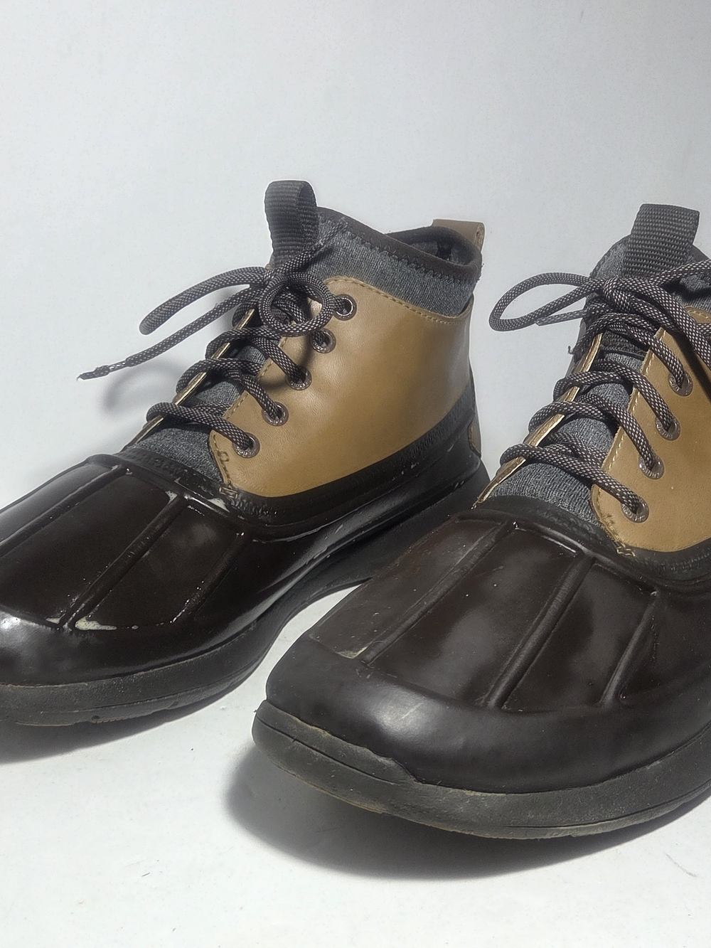 Sperry Mens Duck Boots 2-Tone  Brown Leather Waterproof Ankle Rain Boots Sz 11